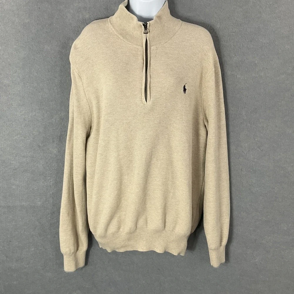 Polo Ralph Lauren Sweater Mens XL Beign 100% Cotton Knit Mock Neck Zip Pullover - Picture 1 of 10